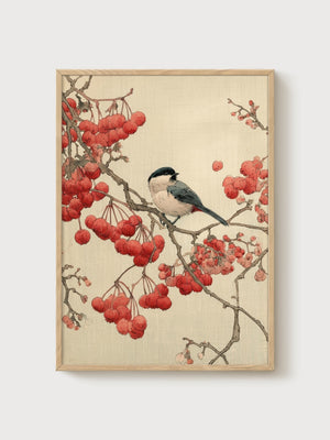 Japanese Chickadee Print poster in oak frame