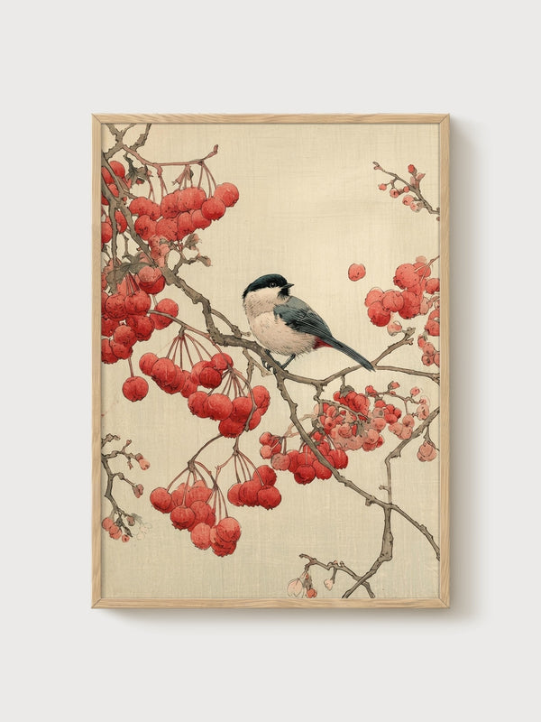 Japanese Chickadee Print poster in oak frame