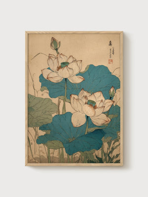 Japanese Lotus Print poster in oak frame