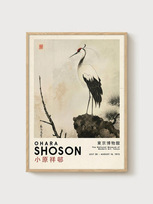 Japanese Crane Print poster in oak frame