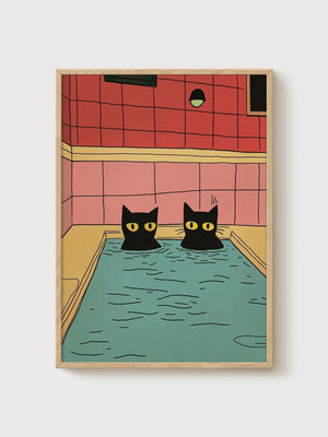 Quirky Cat Bathtub Print poster in oak frame