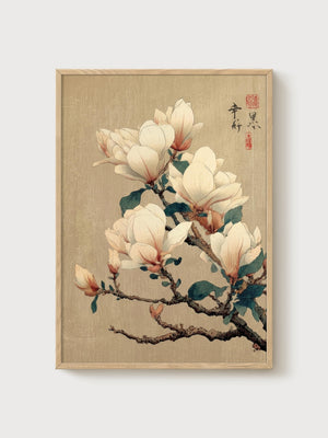 Japanese Magnolia Print poster in oak frame