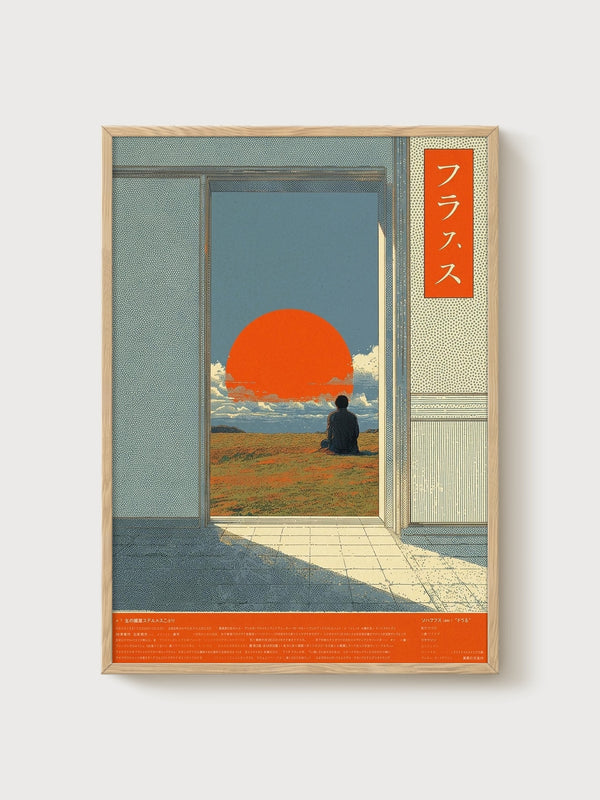 Japanese Sunset Print poster in oak frame