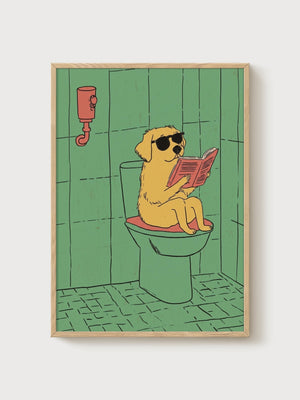 Golden Retriever Bathroom Print poster in oak frame