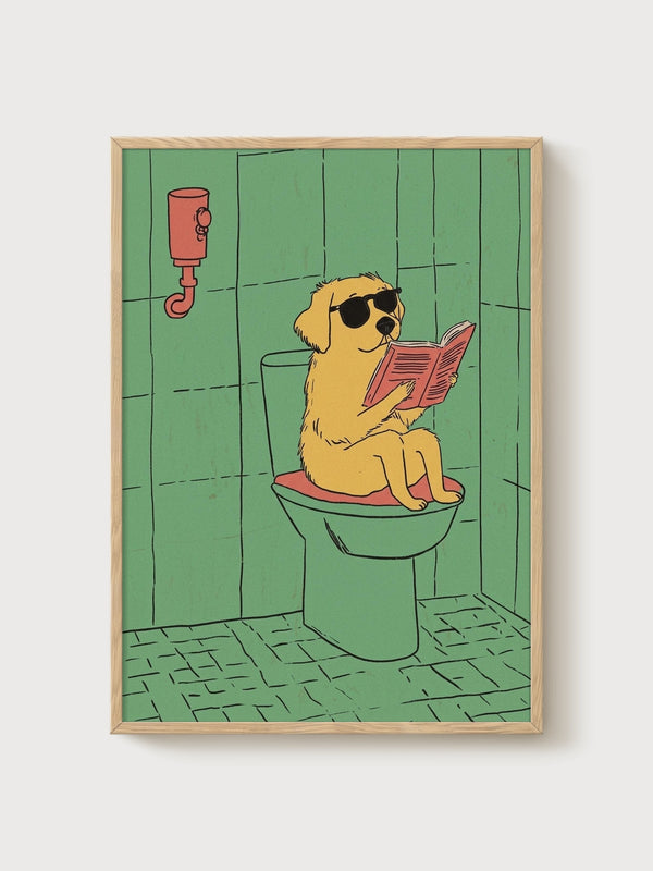 Golden Retriever Bathroom Print poster in oak frame