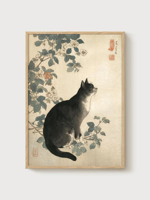 Japanese Cat Art Print poster in oak frame