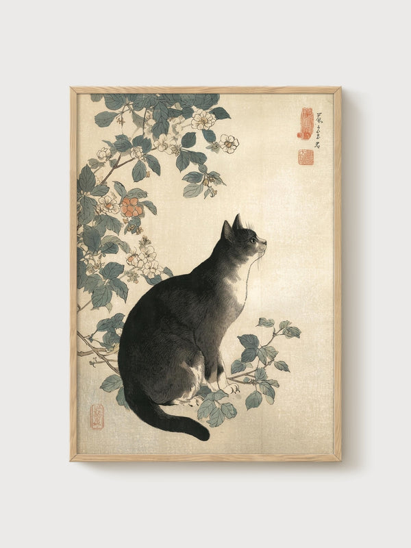 Japanese Cat Art Print poster in oak frame