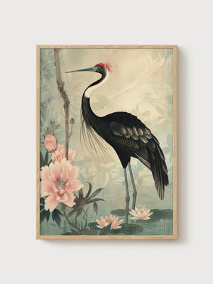 Japanese Crane Print poster in oak frame