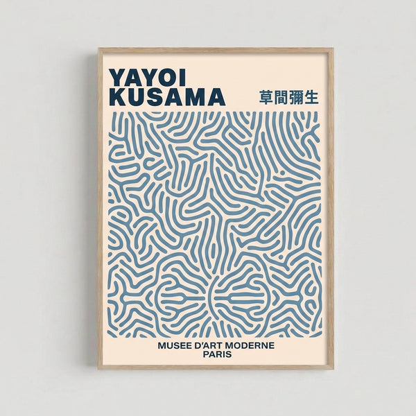 Framed contemporary art print featuring interlocking lines and shapes in white and steel blue against cream background, modern minimalist design.