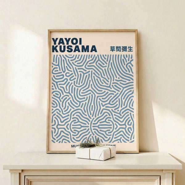 Minimalist poster displaying intricate linear patterns in cool steel blue on cream, creating a meditative visual experience as framed wall décor.