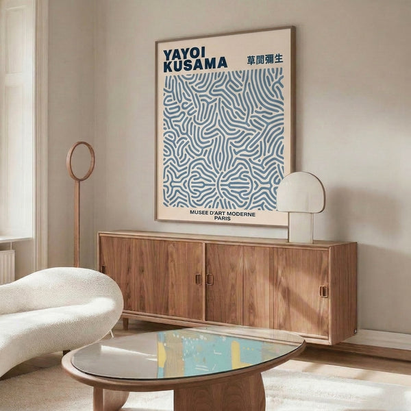 Minimalist modern art print with mesmerizing abstract patterns in cream, steel blue, and white, creating a contemplative wall installation.