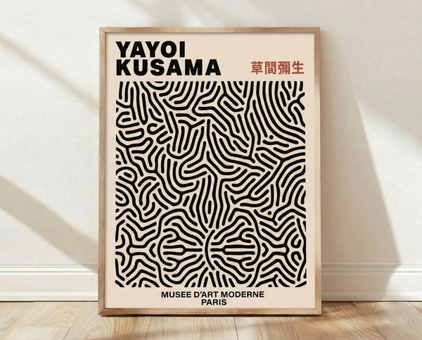 Abstract minimalist poster featuring flowing curved lines and organic patterns in cream, black, and terracotta red, creating a meditative hypnotic composition.