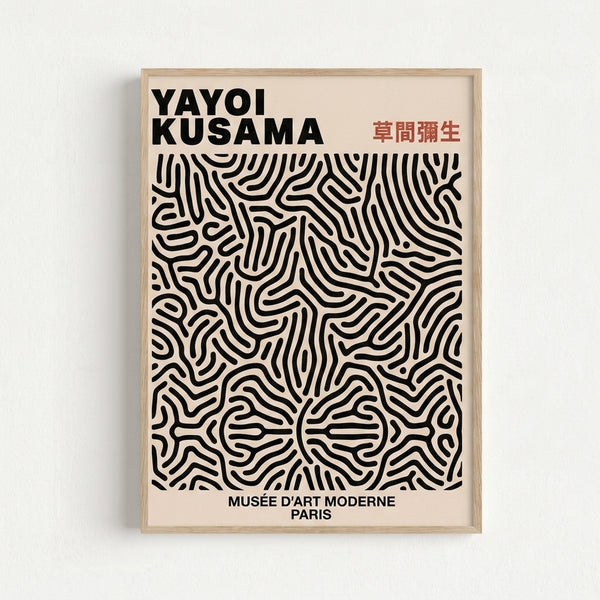 Framed modern art print with intricate black line patterns radiating across a cream background, evoking contemplative minimalist aesthetics.