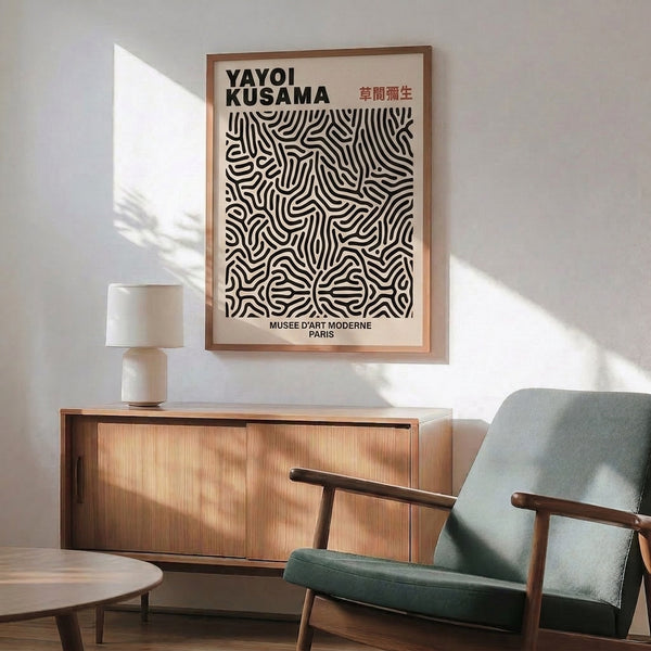 Modern abstract poster featuring flowing curved motifs and intricate line patterns in a soothing palette of cream with black and terracotta accents.
