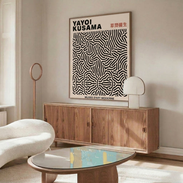 Minimalist wall art showcasing organic abstract curves and repeating patterns in cream, black, and warm burnt orange tones.