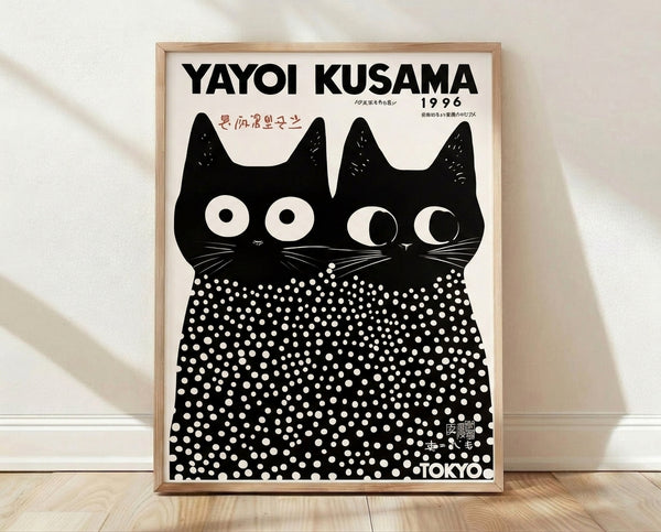 Framed poster of black cats with hypnotic white dot patterns, inspired by Japanese minimalist and woodblock art styles, creating a whimsical and mesmerizing composition.