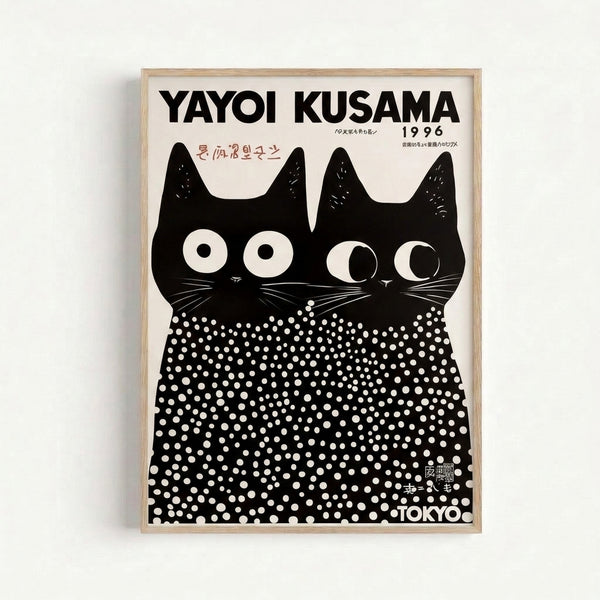 Minimalist wall art featuring stylized black cats adorned with dotted patterns and wide eyes, reflecting a bold modern aesthetic with Japanese artistic influences.