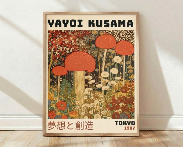 Vintage Art Nouveau poster featuring stylized mushrooms and flowers in terracotta red, cream, and olive green tones, framed on a wall.