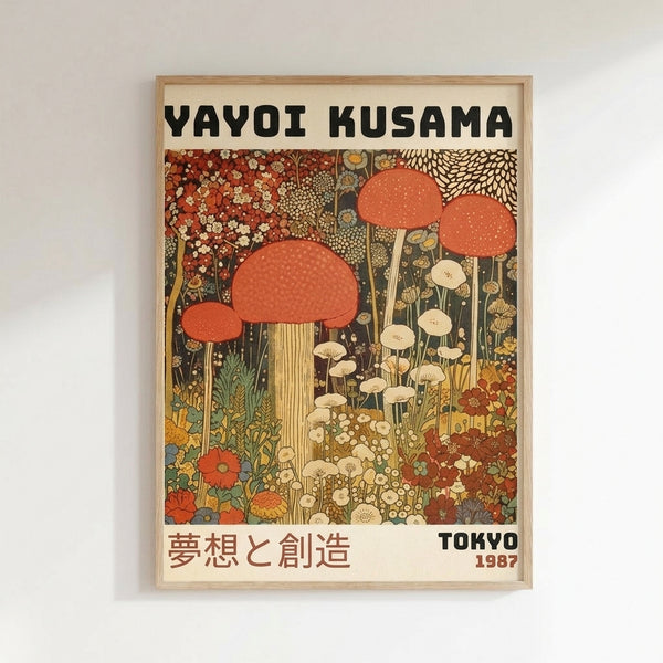 Dreamlike botanical illustration with whimsical mushroom and plant forms in golden yellow and dusty blue, inspired by Japanese woodblock art.