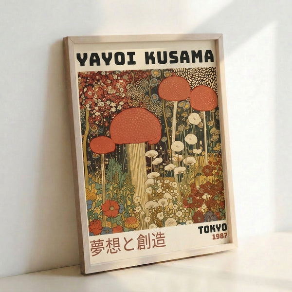 Framed art print displaying an introspective forest scene of blooming mushrooms and florals in warm terracotta and cool blue hues.
