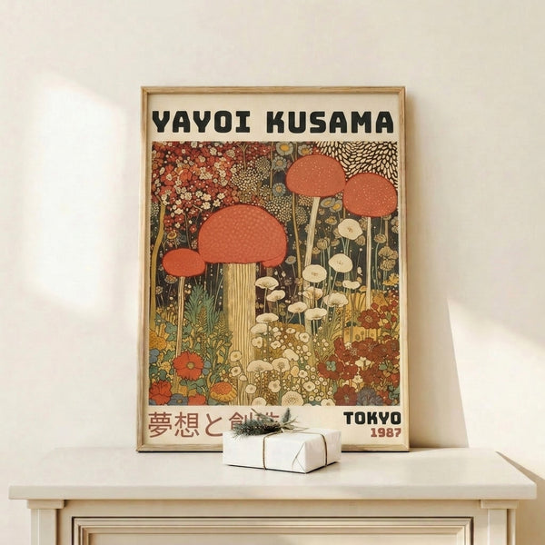 Surreal botanical fantasy poster combining delicate flowers and mushroom forms in earthy terracotta, cream, and olive green against a soft background.