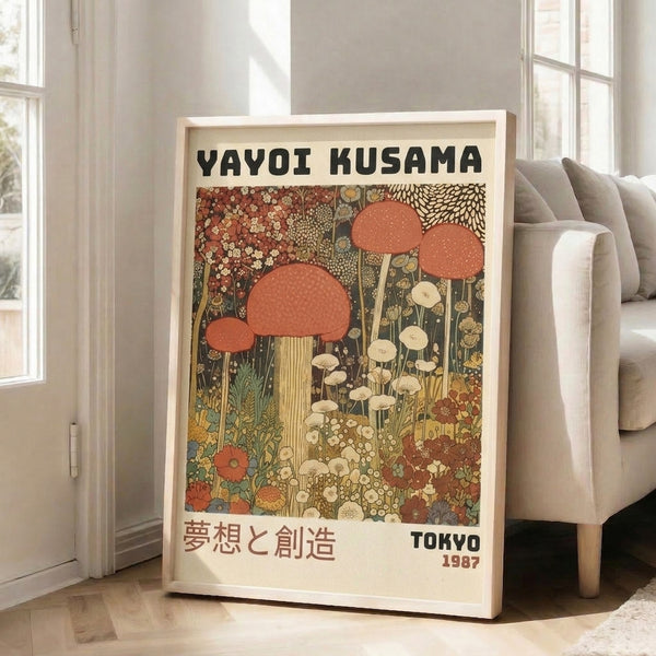 Japanese-influenced Art Nouveau wall art featuring enchanting mushroom and plant motifs rendered in golden yellow, dusty blue, and warm earth tones.