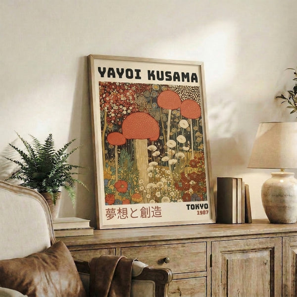 Vintage poster art depicting a dreamlike mushroom garden with stylized flowers in terracotta red, cream, and muted greenery, hung as wall decor.