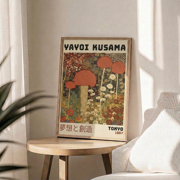 Introspective botanical print showcasing whimsical mushroom and flowering plant forms in a soothing palette of olive, terracotta, blue, and cream.