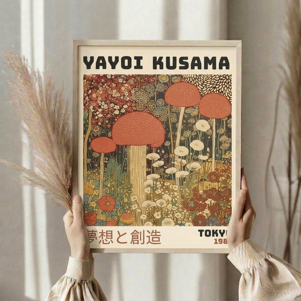 Framed Art Nouveau composition of fantastical mushrooms and blooms in golden yellow and dusty blue, with terracotta and cream accents.