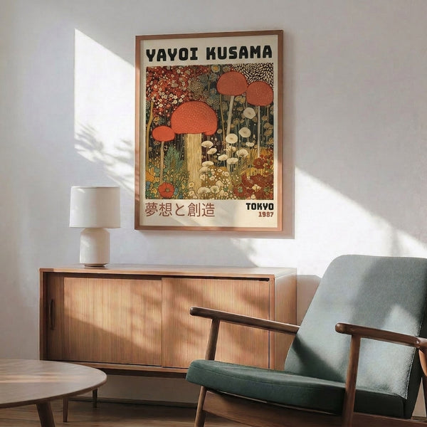 Dreamlike forest-inspired poster with decorative mushroom and flower illustrations in Japanese woodblock style, featuring warm and cool earth tones.