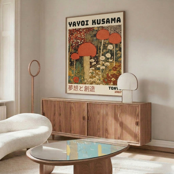 Whimsical Art Nouveau-style poster of introspective mushroom garden featuring delicate botanical forms in a harmonious earthy color palette.
