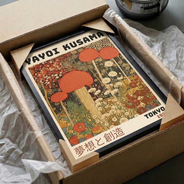 Enchanting botanical fantasy poster displaying mushrooms and blooms in Art Nouveau style, combining golden yellow, cream, and muted green hues.