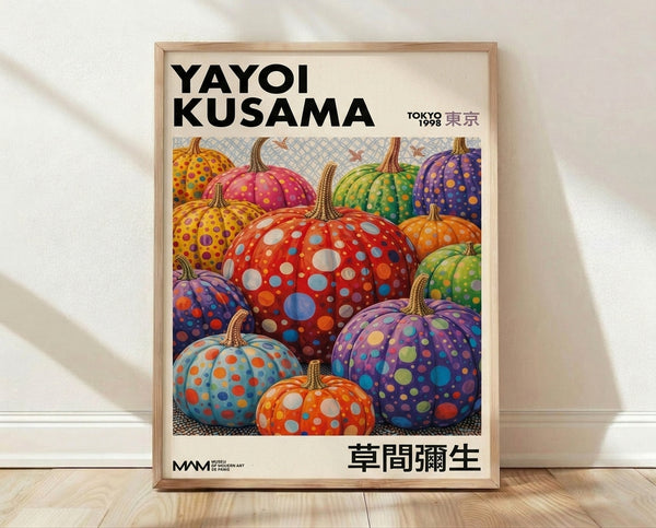 Whimsical pop art poster featuring oversized red and orange pumpkins covered in colorful polka dots in blue, yellow, and purple, creating an immersive and playful surreal composition.