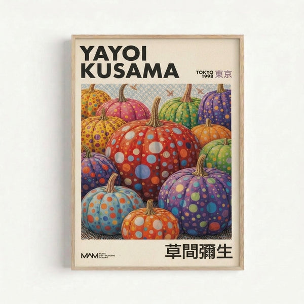 Framed modern art print displaying vibrant polka-dotted gourds in warm and cool tones, evoking joyful surrealism inspired by contemporary pop art aesthetics.