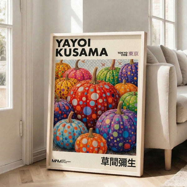 Bold pop art framed print showcasing interlocking polka-dotted pumpkins and gourds in a playful palette of red, orange, yellow, blue, and purple hues.