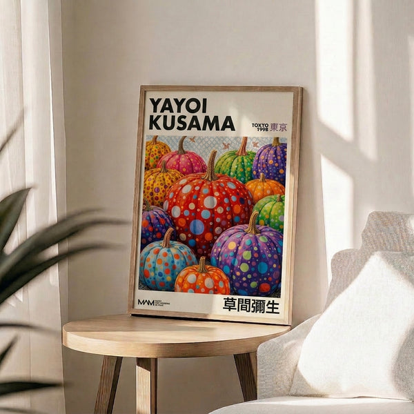Immersive pop art wall print with joyfully surreal polka-dotted gourds in rich reds, oranges, yellows, and cool blues creating a whimsical visual experience.