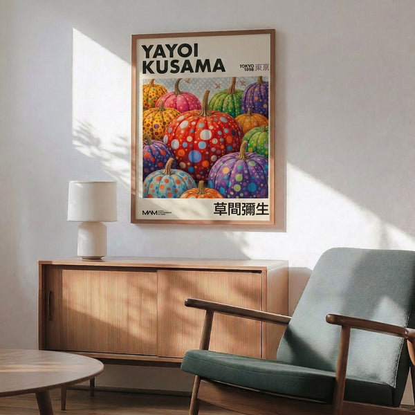 Modern pop art framed artwork depicting densely dotted pumpkins and gourds in playful colors ranging from warm oranges and reds to cool purples and blues.