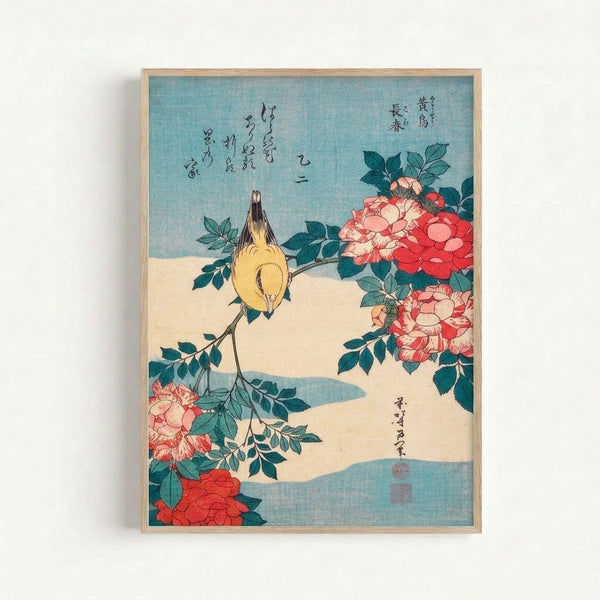 Framed woodblock art in traditional Japandi style depicting a delicate yellow songbird with blooming red peonies and flowing foliage in soft teal and cream tones.