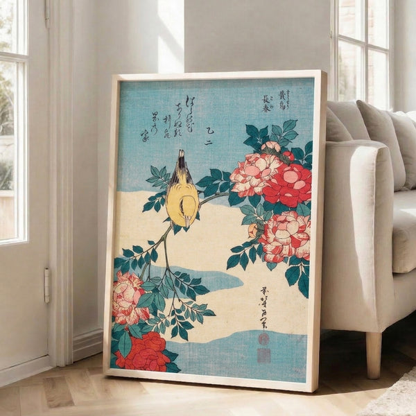 Traditional Japanese woodblock print featuring soft yellow plumage on a bird surrounded by lush red peonies and verdant leafy stems in calming turquoise and cream hues.