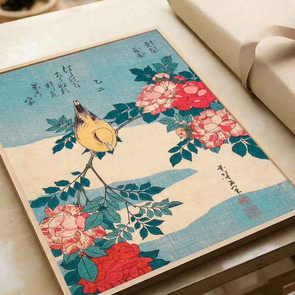 Japandi wall art featuring a contemplative yellow bird composition with blooming red peonies, layered green leaves, and a soothing turquoise and cream color palette.