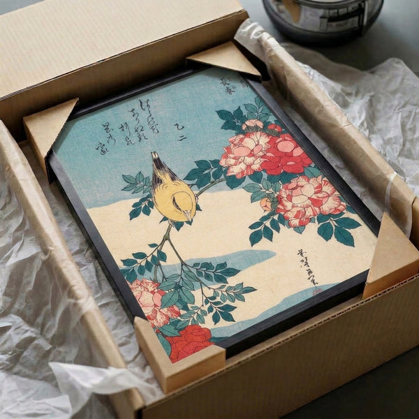 Woodblock poster displaying natural grace through a yellow bird motif paired with ornamental red peonies, deep teal greenery, and soft cream-colored negative space.