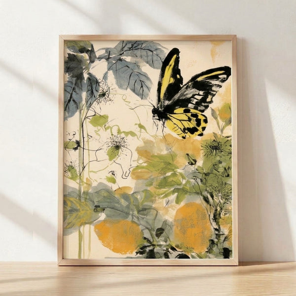 Serene watercolor painting of a yellow swallowtail butterfly among delicate garden flowers, leaves, and vines in soft greens and cream tones, framed on a wall.