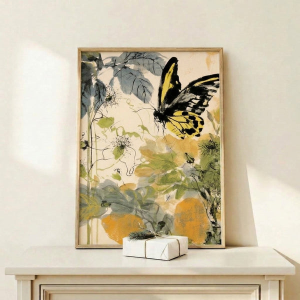 Impressionist watercolor art print depicting a yellow swallowtail butterfly surrounded by blooming flowers and flowing foliage in muted greens and blues, displayed as a framed poster.