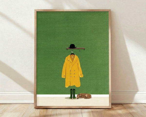 Minimalist line art poster of a sleeping dog wearing a yellow raincoat, hat, and boots beside a cream-colored bag, rendered in sage green, golden yellow, and black on a serene Japandi-inspired wall art print.