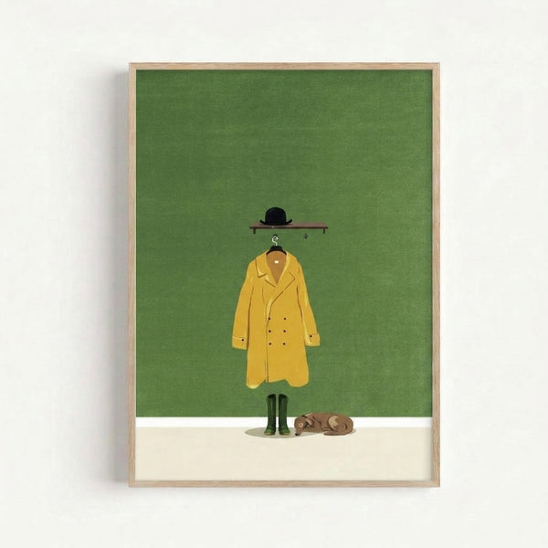 Modern minimalist framed art print featuring a peaceful dog in yellow rain gear and matching accessories, executed in clean lines with sage green and cream tones for contemporary home decor.
