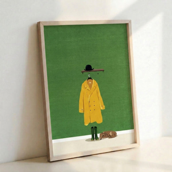 Serene Japandi wall art showing a resting dog dressed in a golden yellow raincoat and hat with coordinating bag, composed in elegant line work against soft sage and cream hues.