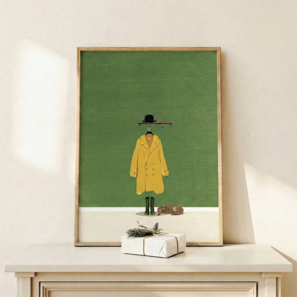 Fashion-forward minimalist poster depicting a sleeping dog outfitted in yellow rain attire and boots, drawn in simple black lines with sage green accents for a calm, orderly aesthetic.