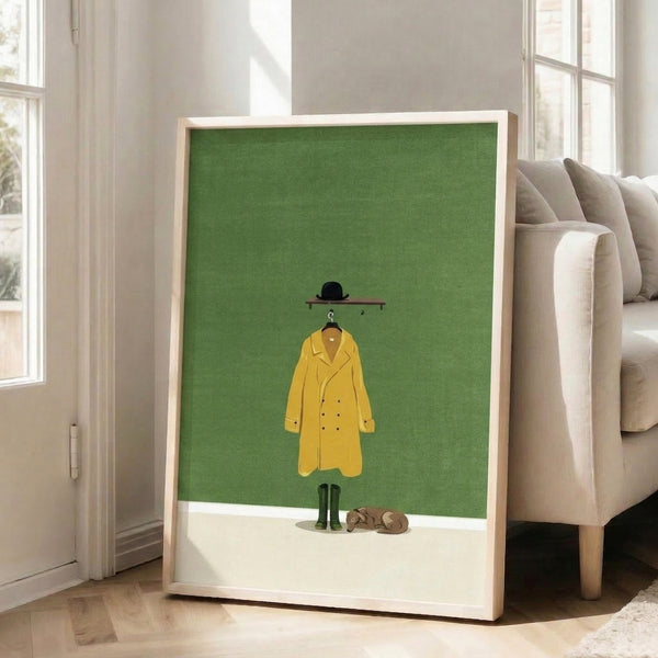 Zen-inspired line art print of a tranquil dog wearing a yellow raincoat, matching hat, boots, and bag, rendered in muted sage green and cream tones with minimalist black linework.