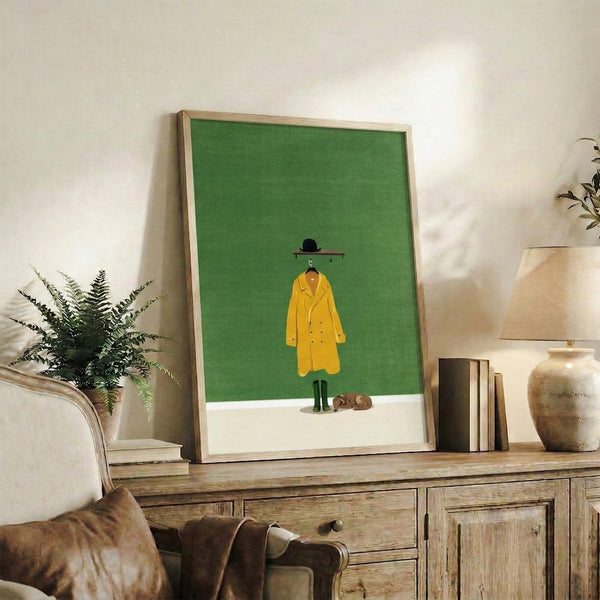 Contemporary framed poster art in Japandi style showing a serene dog in full yellow rain ensemble, created with minimalist line illustration in sage green, golden yellow, and black.