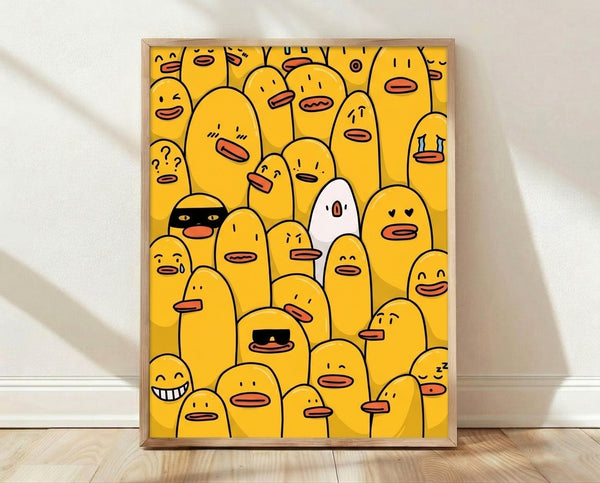 Minimalist line art poster featuring a playful crowd of yellow ducks with expressive faces in black outlines on white background, creating a whimsical and humorous composition.